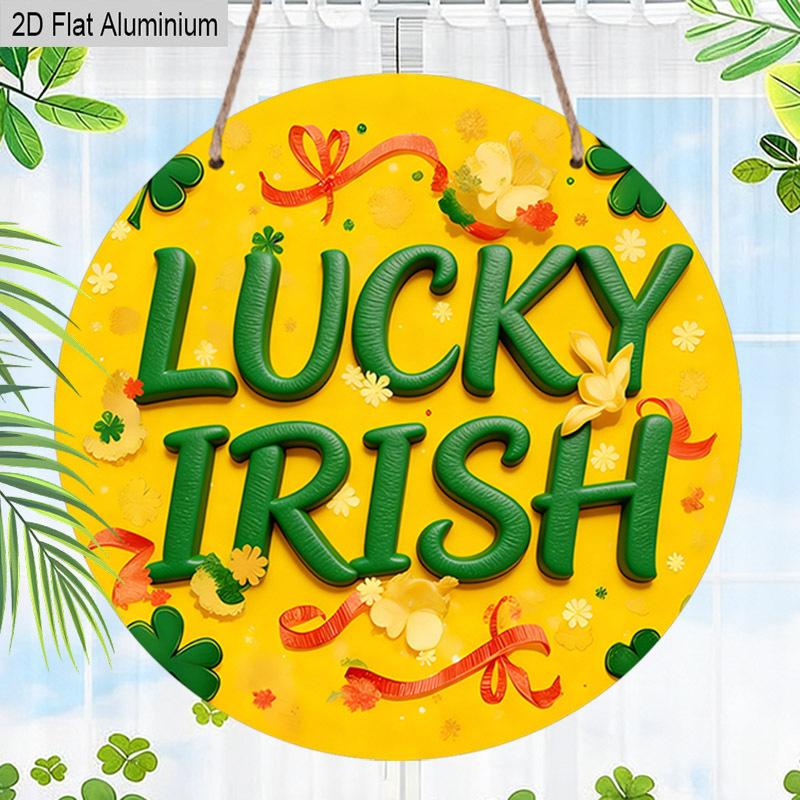 2D Flat Aluminum St. Patrick's Day Lucky Irish Round Aluminum Sign, Metal Hanging Plaque with Shamrock & Ribbon Design, Yellow and Green Irish Themed