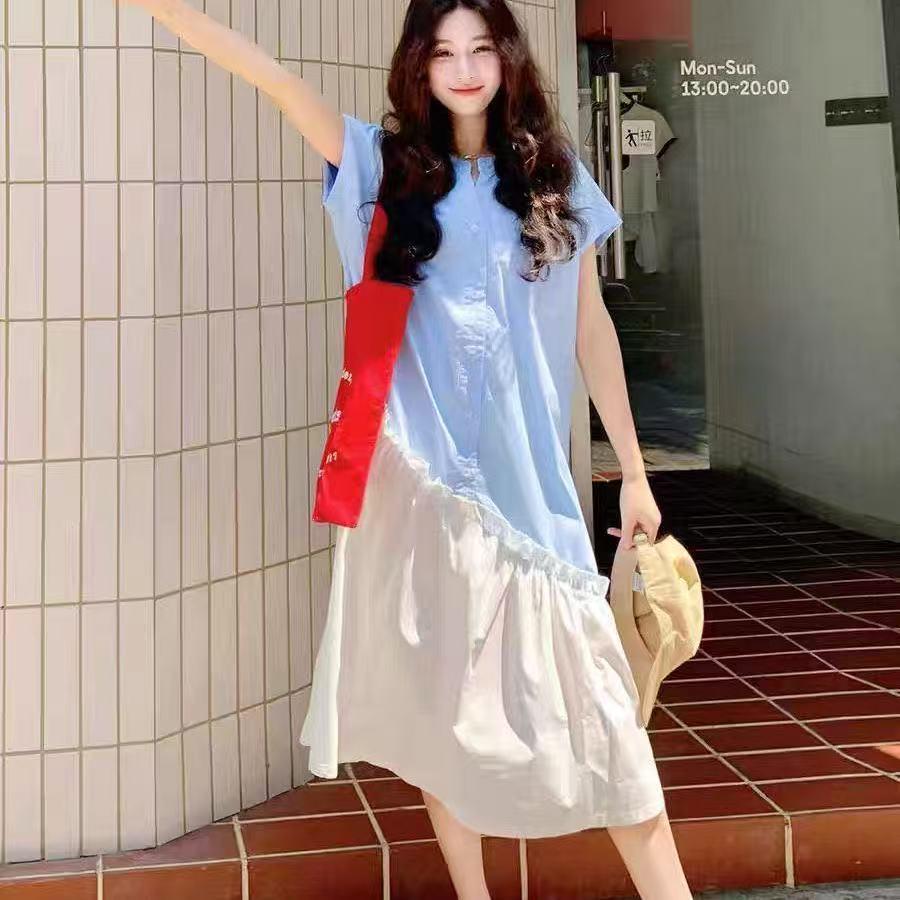 Women's Summer Korean Style Color-Block Spliced Long Shirt Dress - Loose Fit & Slimming with Irregular Design