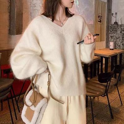 V-neck Sweater Women's Autumn and Winter Explosion Loose Design Sense Niche Soft Waxy Solid Color Large Size Lazy Inside Knitted Top