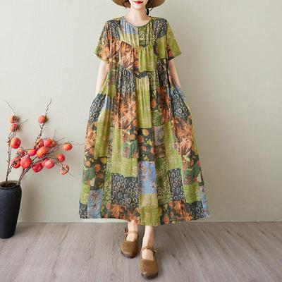 Short Sleeve Plus Size Cotton Linen Vintage Floral New In Dresses for Women Casual Loose Long Summer Dress