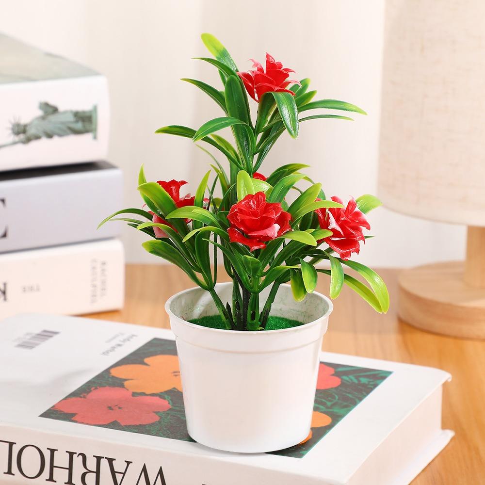New 6 Colors Artificial Potted Plant 12*17cm Plastic 5 Head Roses Office Table Decor Fake Plants Wedding Home Hotel Decor