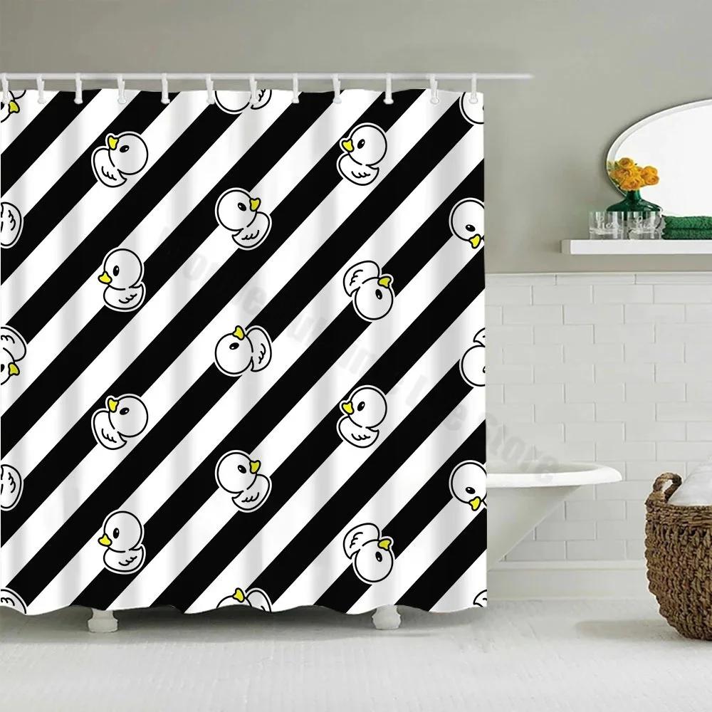 Cute Little Yellow Duck Shower Curtain Cartoon Funny Smiley Face Bathroom Waterproof Bath Duck Fabric 12 Hooks Bathroom Decor