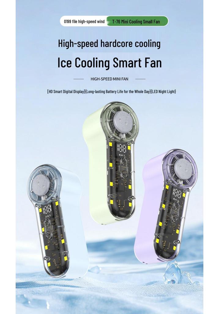 T76 Turbo Handheld Fan: USB Rechargeable, 199 Speeds, Portable Cooling with Ice Pack