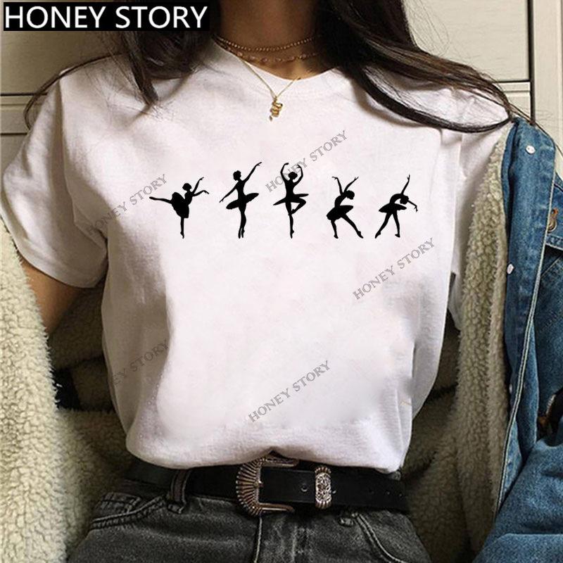 Dance Letter Print T Shirt Ballet Silhouette Monogram Print Women's T-shirt Loose Aesthetic Tops Graphic T Shirts Pro Choice