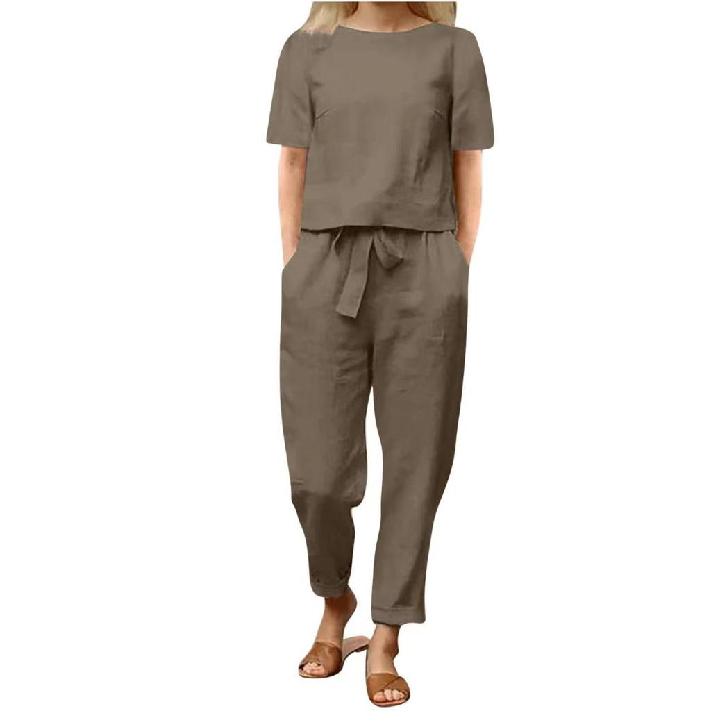 Women's Cotton-Linen Summer Set: Half-Sleeve O-Neck Cardigan & Wide-Leg Pants Retro Two-Piece