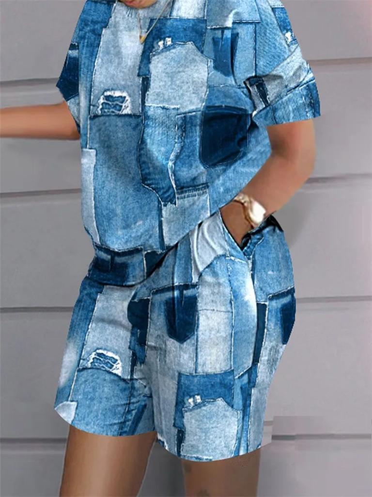 Casual Top & Shorts Set Sets Casual Short Sleeve Tshirt Outfit Women Summer Gradient 3D Print Pocket Short Sets Suit Female T Shirt Shorts