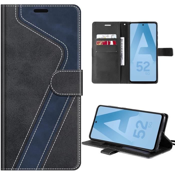 Coque pour Samsung Galaxy A52s 5G et A52 5G-4G, Noir, Protection Pliable en Cuir PU avec Porte-Cartes et Béquille, Motif Epissé