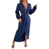 Women's Satin Wrap Long Dress V Neck Long Sleeve Maxi Dress High Slit Party Dress Cocktail Evening Gown