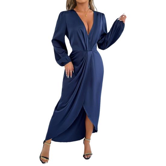 Women's Satin Wrap Long Dress V Neck Long Sleeve Maxi Dress High Slit Party Dress Cocktail Evening Gown