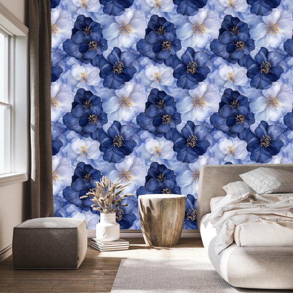 Ink Blue, Navy Blue, Azure and White Wallpaper for Living Room and Bedroom 50x1000