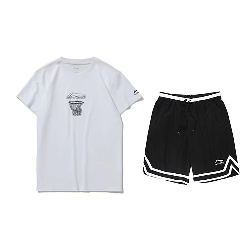 

Li-Ning Printed Round Neck Short Sleeve T-Shirt And Striped Mid-Waist Five-Point Shorts Casual Sports Set Unisex Sets AHST467-1+YAPV001-1 M