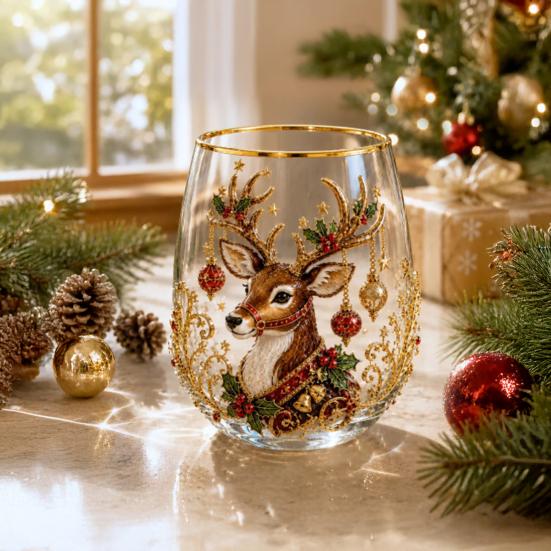 Bicchieri Unici per Feste di Natale 330ML Bicchiere d'Acqua in Vetro, Motivo Ghirlanda/Babbo Natale/Alce/Calze/Pupazzo di Neve Vetro Festivo Edizione Limitata Regalo