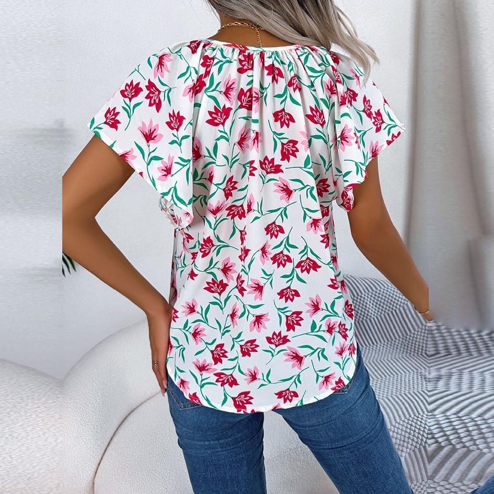Frauen Frühling Sommer Lose Rüschen Spitze Up Chiffon Top Für Damen O Neck Fliegende Ärmel Floral Blusen