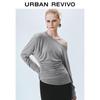 UR Women's Elegant Oblique Shoulder Pleated Slim Long Sleeve T-shirt