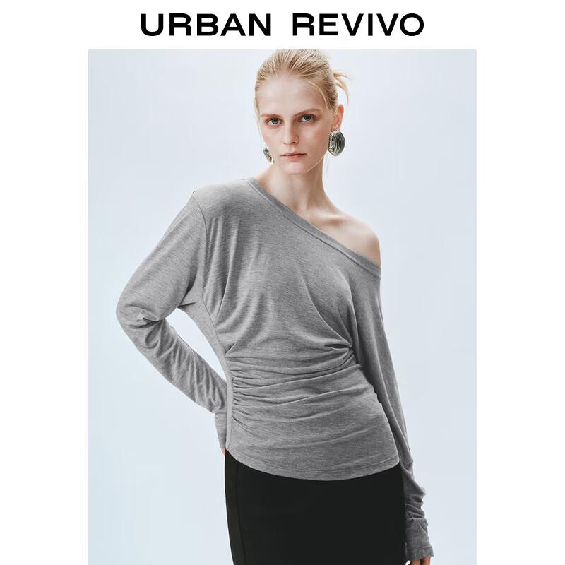 UR Women s Elegant Oblique Shoulder Pleated Slim Long Sleeve T-shirt XL