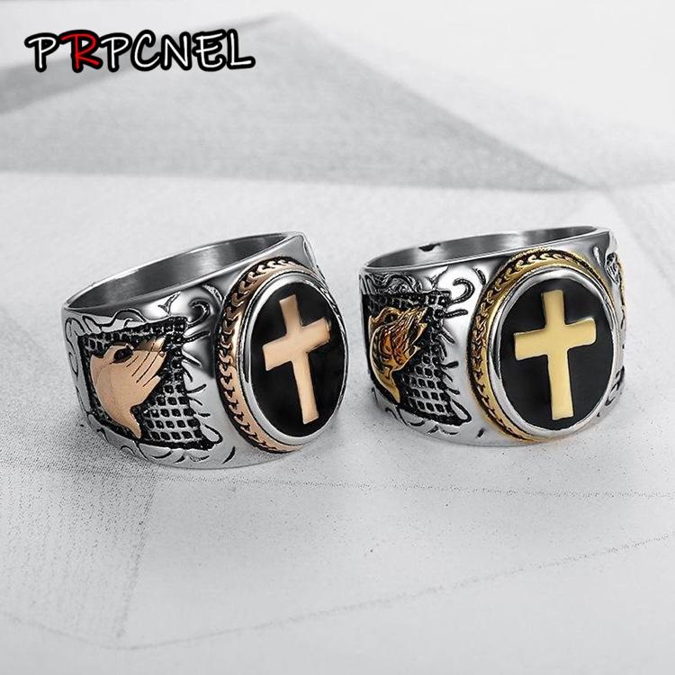 Hot Sale Men's Rose Gold Silver Color 316L Stainless Steel Christian Holy Cross Ring Hand of God