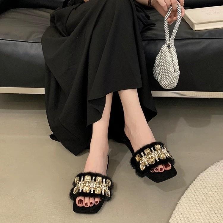 Retro exquisite rhinestone one-word women's autumn light luxury thick heel slippers, light gem square head slippers