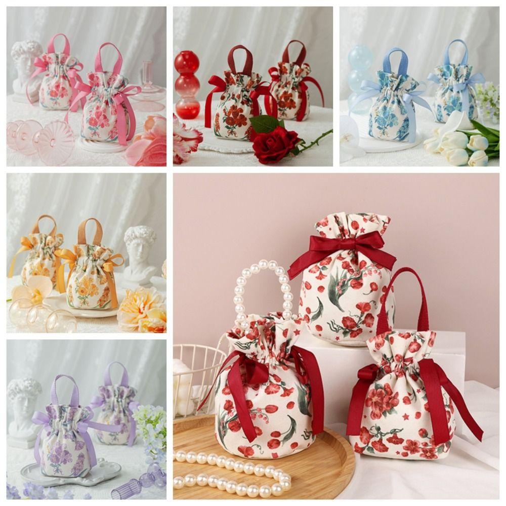 Ribbon Bow Small Flower Wrist Bag Pearl Handle Bowknot Handbag Festive Sugar Bag  Female/Girls