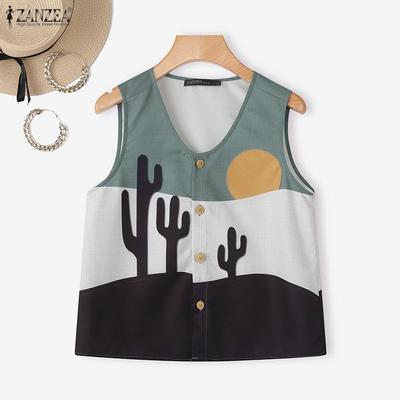 Women Casual V-neck Summer Sleeveless Print Tank Tops