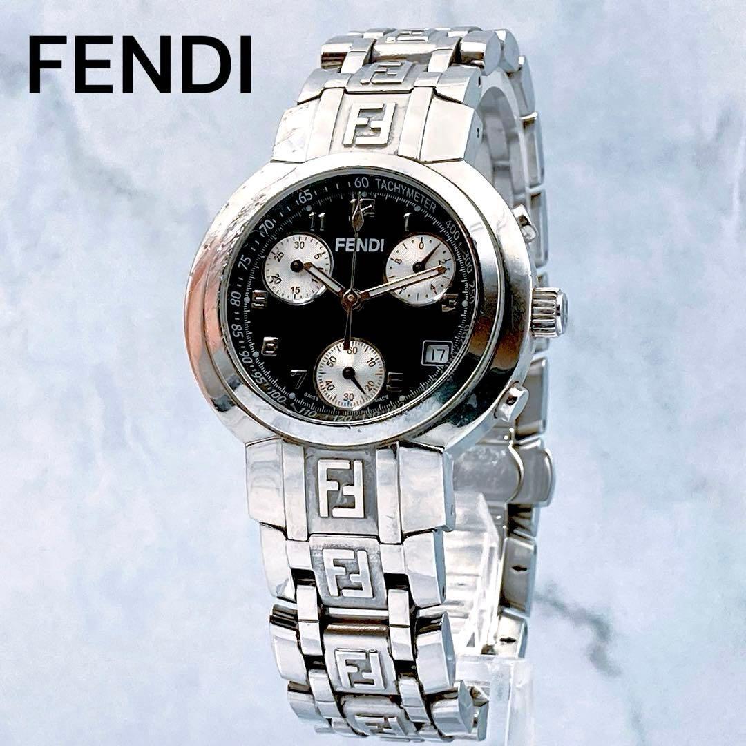 Used Working item FENDI ladies watch chronograph 4500L genuine belt Zucca popular Fendi ZUCCA stainless steel vintage black