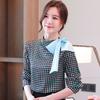 Fashionable and Small Stand-up Collar Shirt for Women Long Sleeve Houndstooth Print Contrasting Bow Tie
