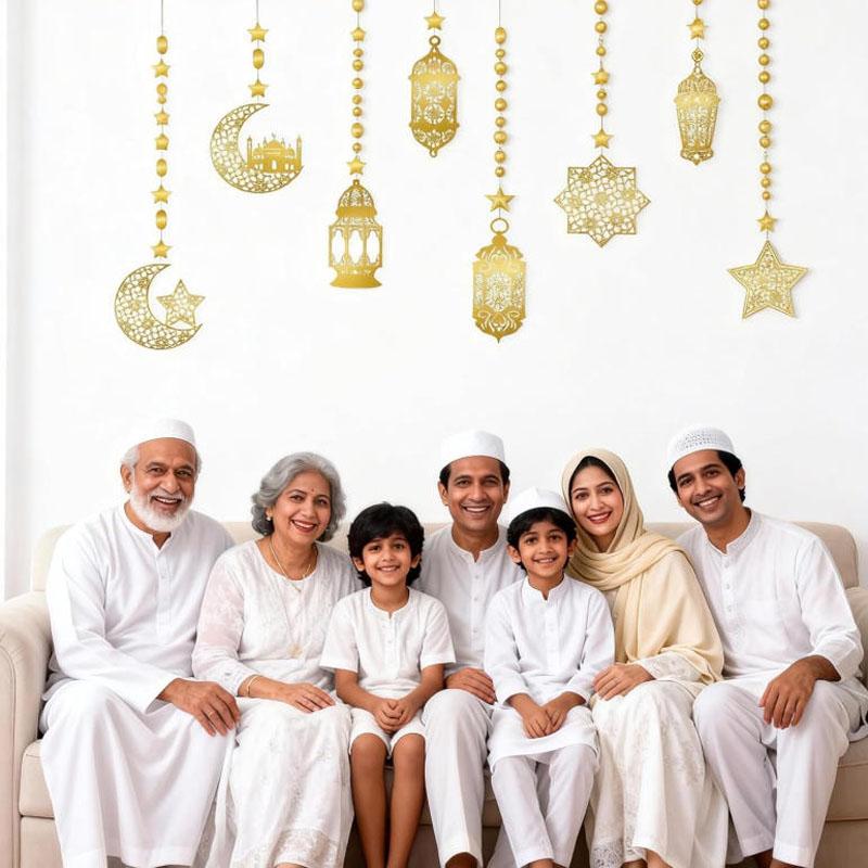 8 Pieces Ramadan Decoration, Eid Mubarak Gold Garland Pendant Decor Set, Ramadan Islam Living Room Garland Window Wall Hanging Decorations