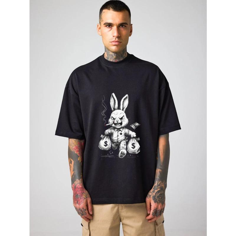 Men's Oversized T-Shirt Black Rabbit Money Bag Graphic Print Streetwear Casual Fashion Top for Daily Wear and Urban Style