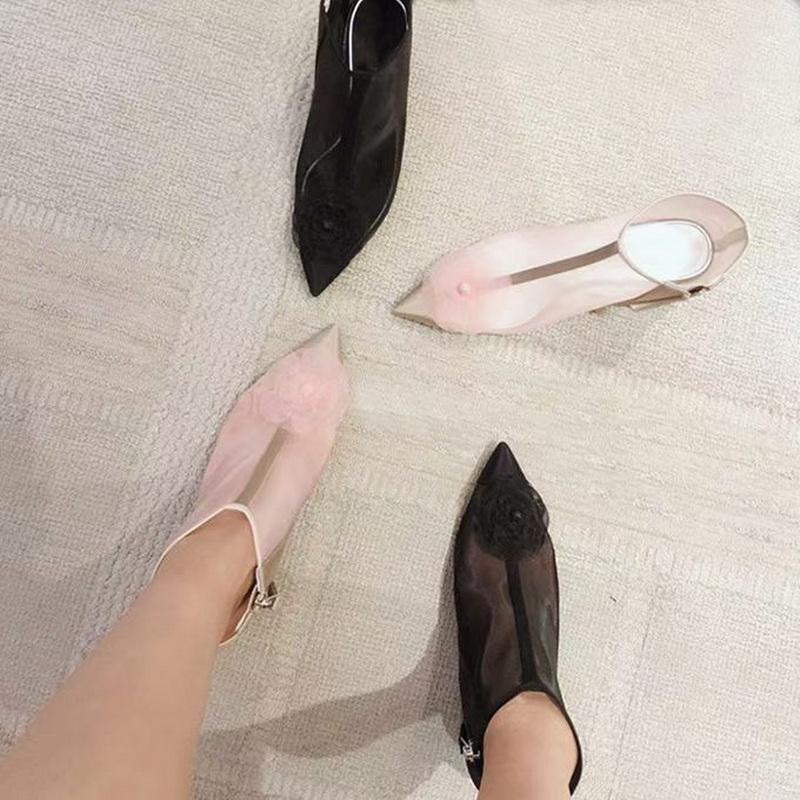Fashion FHC Women Camellia Flower Mesh Boots,Short Botas,Summer Shoes,Pointed Toe,Side Zip,Europea Style,33-40,Grey,Black,Pink,Dropship