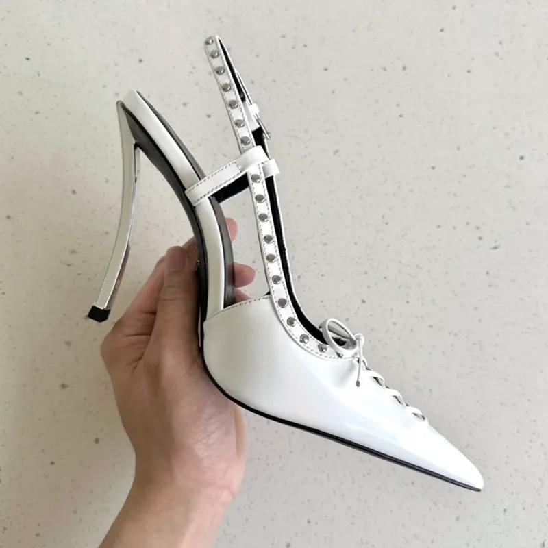 

Fashion 2025 Summer Fashion Patent Leather Rivet Women Pumps Elegant Pointed toe Lace-up Office Lady Slingbacks High heels Party Shoes 35
