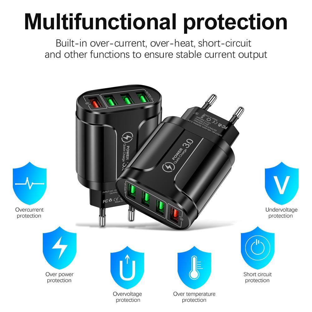 QC3.0 4-Port USB Fast Charger with Luminous Indicator for Mobile Devices - US/EU/UK Adapter