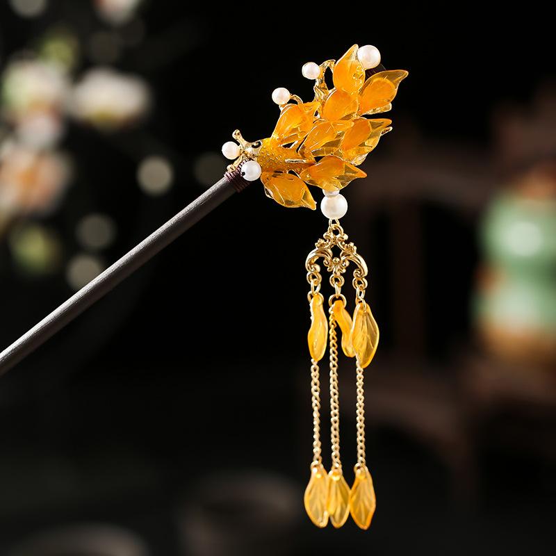 1 Stück Glas Fisch Haarnadel Antiker Kopfschmuck Sandelholz Haarnadel Frische Blütenblatt Haarnadel Neuer Chinesischer Stil Blütenblatt Quaste Haarnadel