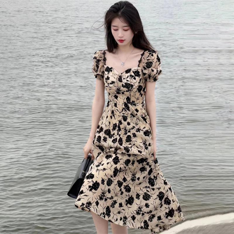 Dry rose Hepburn style temperament dress French high waist skirt design sense chic coffee break floral dress women S