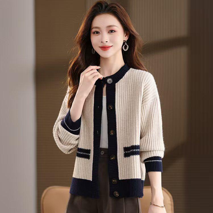 

Женский кардиган из шерсти с цветными блоками - Стильный дизайн, круглый вырез, длинный рукав, универсальная повседневная верхняя одежда для осени и зимы Medium