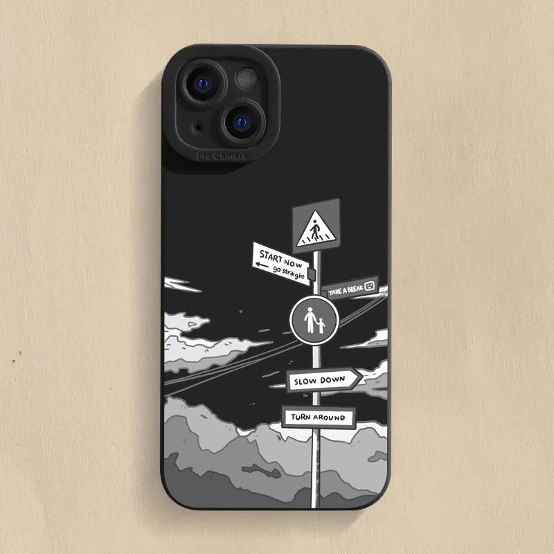Simple Oil Painting Road Sign Silicone Phone Case For iPhone 16 15 14 13 12 11 Pro Max XS XR 7 8 Plus SE Shockproof Soft Cover