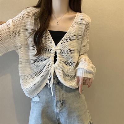 Vintage Hollow Out Tops Women Shirring Drawstring Long Sleeve Thin V-Neck Loose Knitted T-shirt Casual Fashion Summer