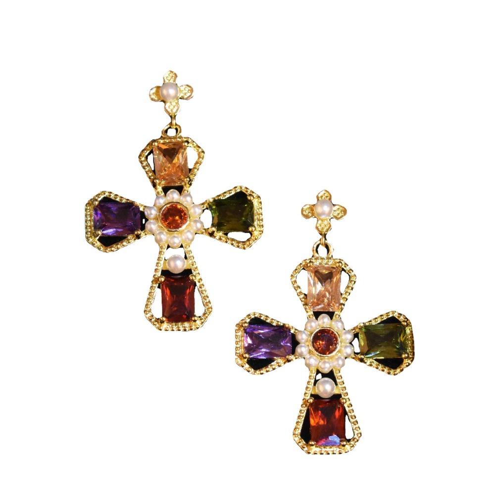 Vergoldete Bunte Zirkon-Weihnachtskreuz-Ohrringe für Damen Trendiger Europäischer Stil Schmuck