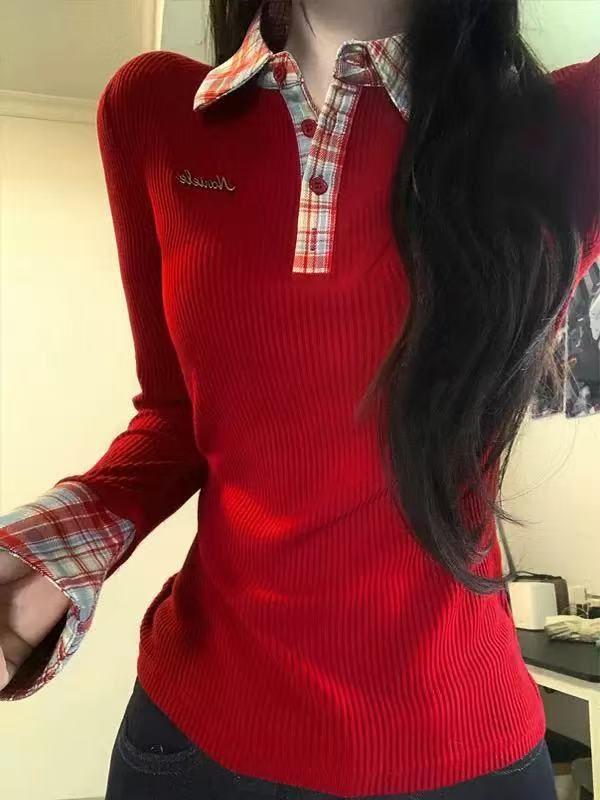 Women's Retro Slim-Fit Plaid Polo Shirt - Winter Design