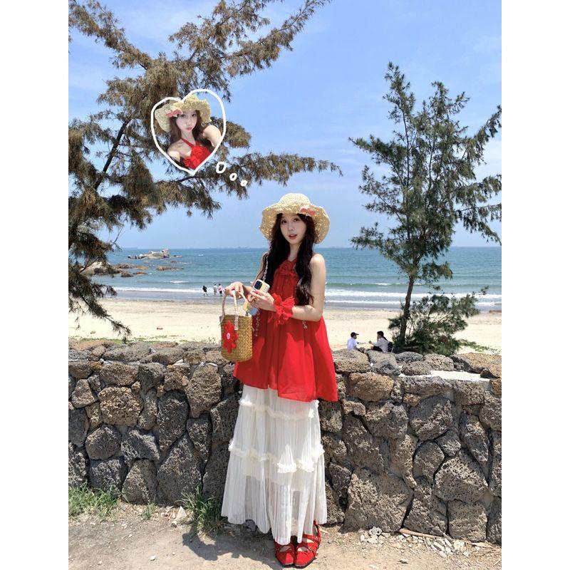 Kumikumi Idle Style Set Red Halter Top Women Summer High Waist Slimming Versatile Skirt Two-piece Set