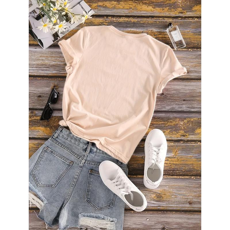 Floral Heart Print T-shirt, Short Sleeve Crew Neck Casual Top for Summer & Spring, Women's Clothing