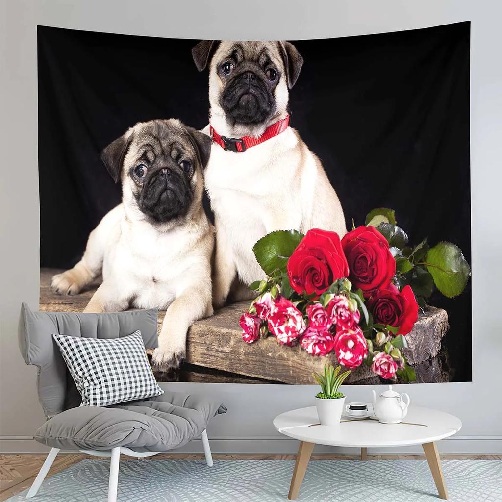 Pug Dog Tapestry Cute Black Animals Tapestry Autumn Fallen Leaves Tapestry Home Living Room Bedroom Wall Modern Art Tapestries