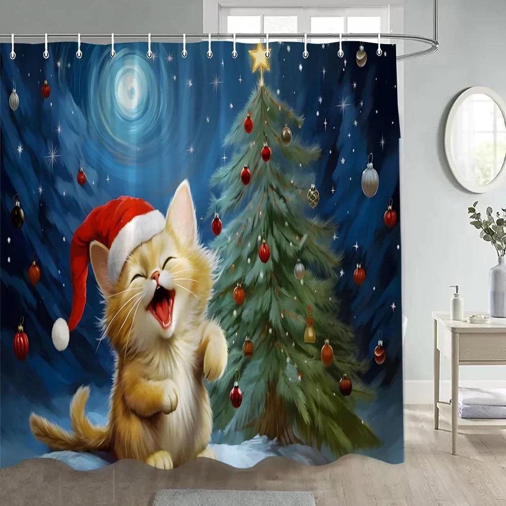 Cute Christmas Cats Shower Curtain Winter Xmas Tree Balls Gift Funny Animal Dog New Year Bathroom Curtains Fabric Home Decor Set