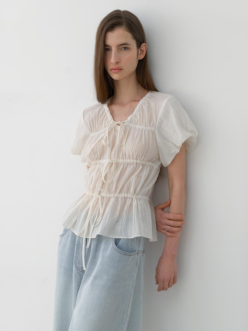Atelier Nine Shirring 3-Ribbon Puff Blouse(Bl-4318) Ivory/Free