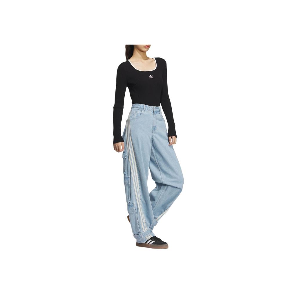 adidas Originals Adicolor Otoño Invierno 24 Colección Logo Ajustado Cuello Cuadrado Manga Larga Top de Punto Mujer tops Negro JM8052