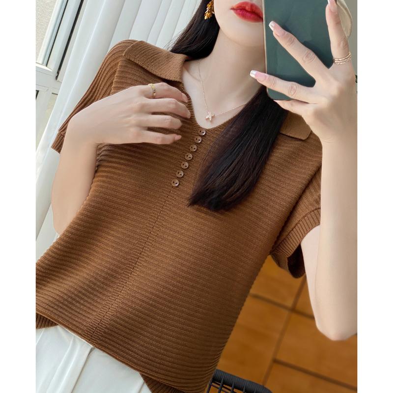 Women Knit T-shirt Summer Knitted Shirt Short Sleeve Tees Turn-down Collar Pullover Knit Tops Female