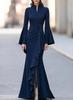 Women's Mock Neck Bell Sleeve Ruffled Slit Maxi Dress Multi Color Elegant Fitted Evening Dress