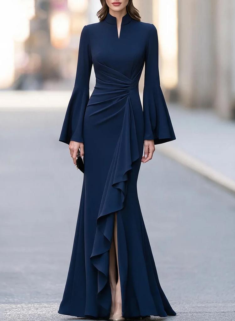 Women's Mock Neck Bell Sleeve Ruffled Slit Maxi Dress Multi Color Elegant Fitted Evening Dress
