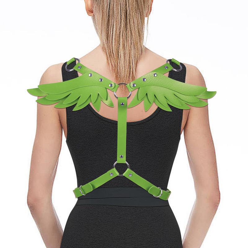 

Женский кожаный панк-топ-портупея с крыльями ангела и ремешками