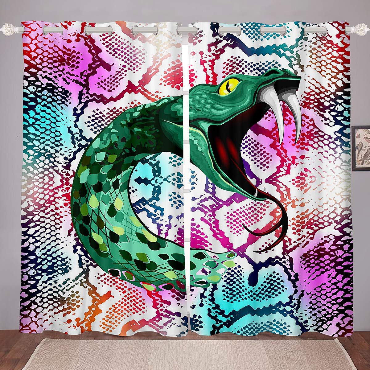 Schlangenmuster Vorhang Reptil Verdunkelung Fenstervorhänge Palmblatt Wildtier Stilvolle Vorhänge für Kinder Jungen Teenager Mann 2 Paneele W55 X H120cm X 2&Grommet Top