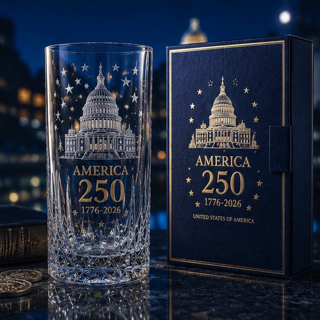Commemorative 250th Anniversary Glass Tumbler Featuring Capitol Building Etching and Star Pattern Suitable for Collectors and Everyday Use