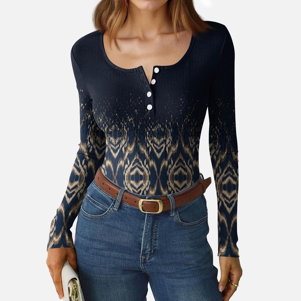 Women's Slim Bottom T-shirt Fashion Casual Gradient Printing Round Neck Pullover Long Sleeve Top